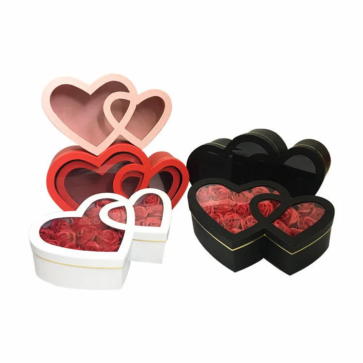 Peculiar Floral Box Two Pieces Set Double Heart-Shaped Cardboard Flower Box with Transparent Window