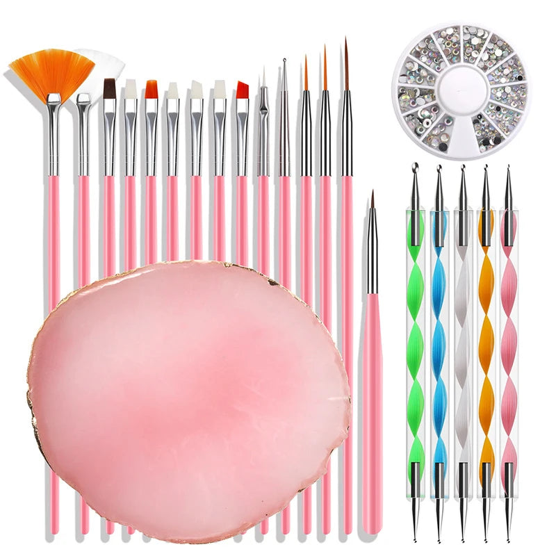 TAMAX NAK019 Nail Art Kits with 5pcs Dotting Pens 15PCS NAIL BRUSH 1 Rhinestone Crystal Color Tray Manicure Tools Set