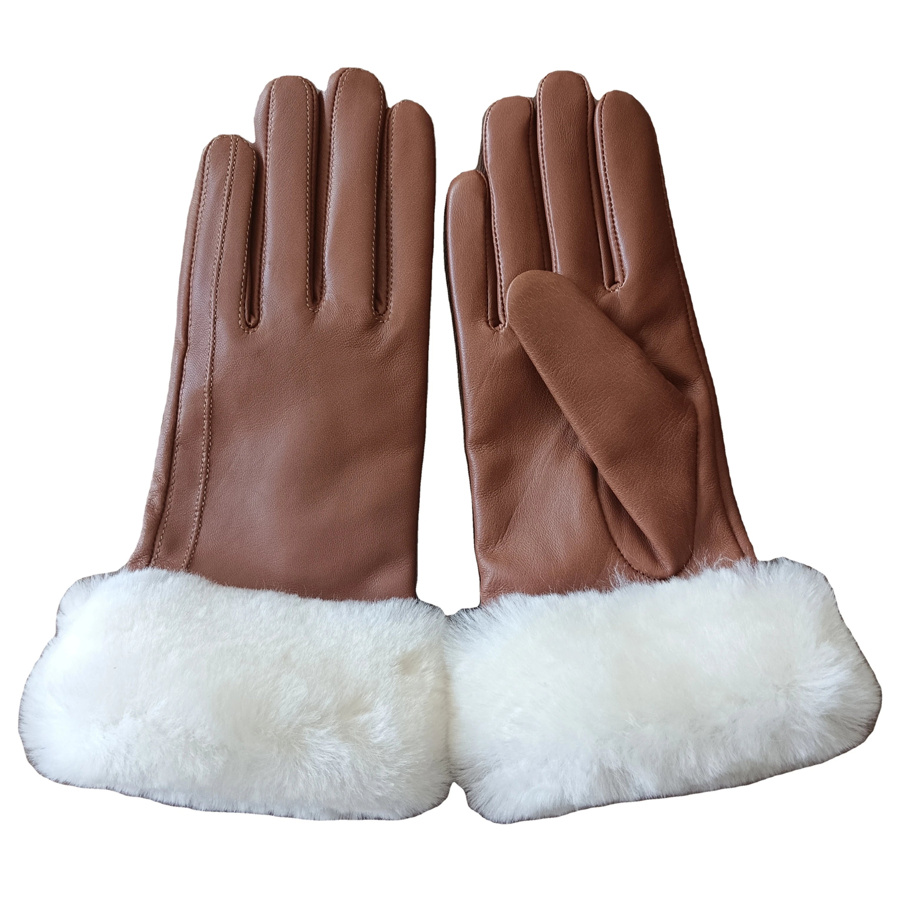 Sample Support 2026 New Style Tan Sheep Leather Gloves With Shearling Sheepskin Cuff