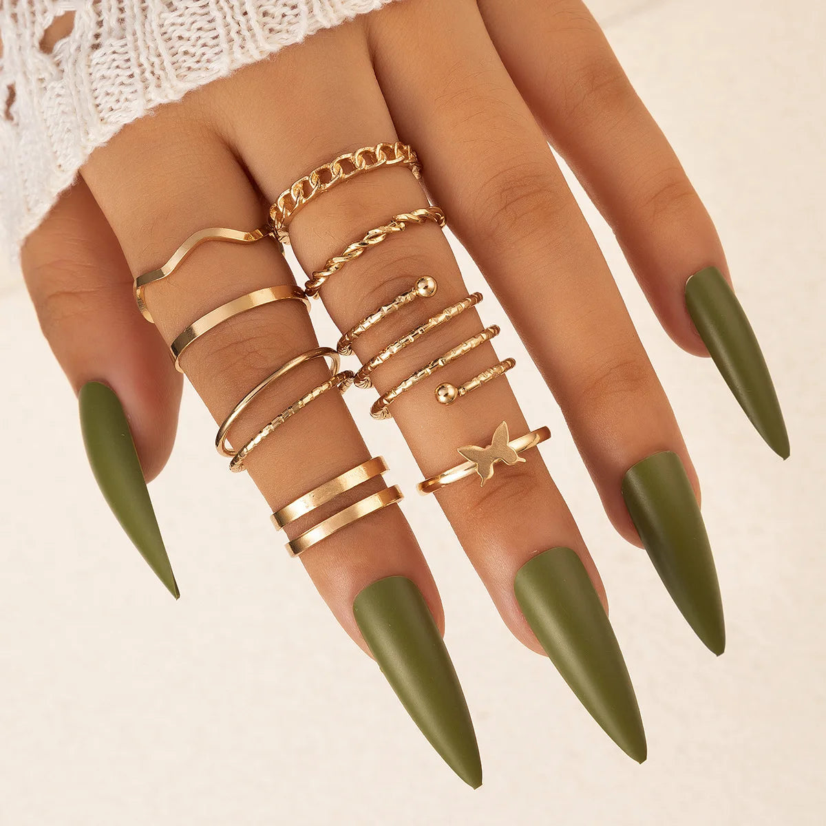 8pcs Set Bohemian Retro Vintage Women's Alloy Finger Rings Simple Chain Butterfly Design with Layers Link Chain Decor