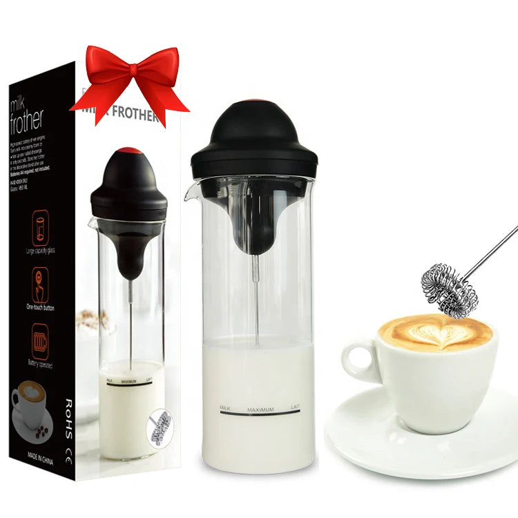 Factory Direct Electric Battery Operation Handheld Milk Frother with glass mug