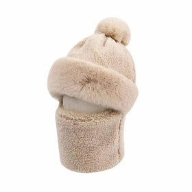 Pom Pom Faux Fur Tuque Solid Pullover Hat Ear Protection Beanie Cold Cap Windproof Thick One-piece Snood Winter Hat Set