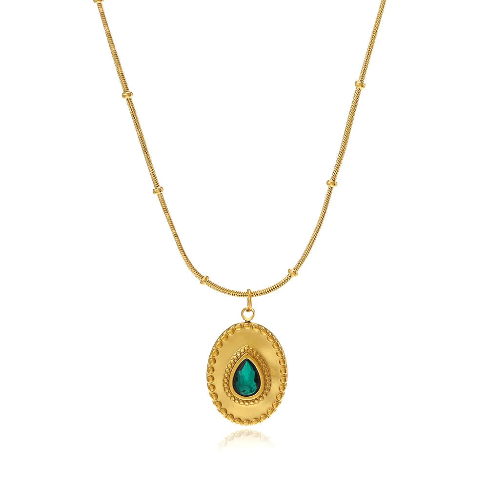 New Design Fashion Inlaid Green Water Drop Diamond Necklace Stainless Steel Oval Pendant Necklace Jewelry Wholesale