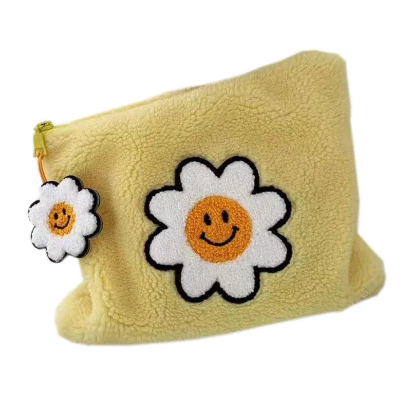 Plush Latest Sun Flower Large Cosmetic Bag Wholesale Organize Travel Makeup Storage Bag Ladies Clutch Bag