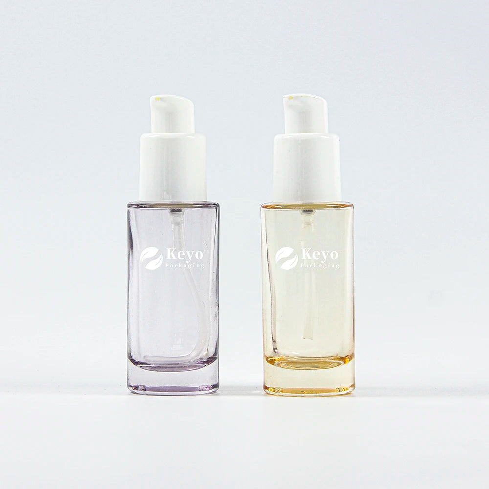 Cosmetic Liquid Foundation Serum Lotion Bottle Round Empty Glass Luxury Thick Bottom 30ml Screen Printing PUMP Sprayer Keyo