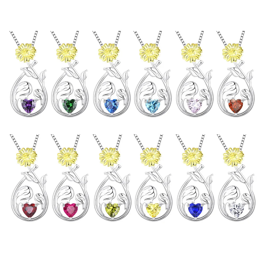 Women'S 925 Sterling Silver 18K Gold Plated Sunflower 12 Birthstone ZIRCON Pendant Necklace Mother'S Day Gift Jewelry for Mom