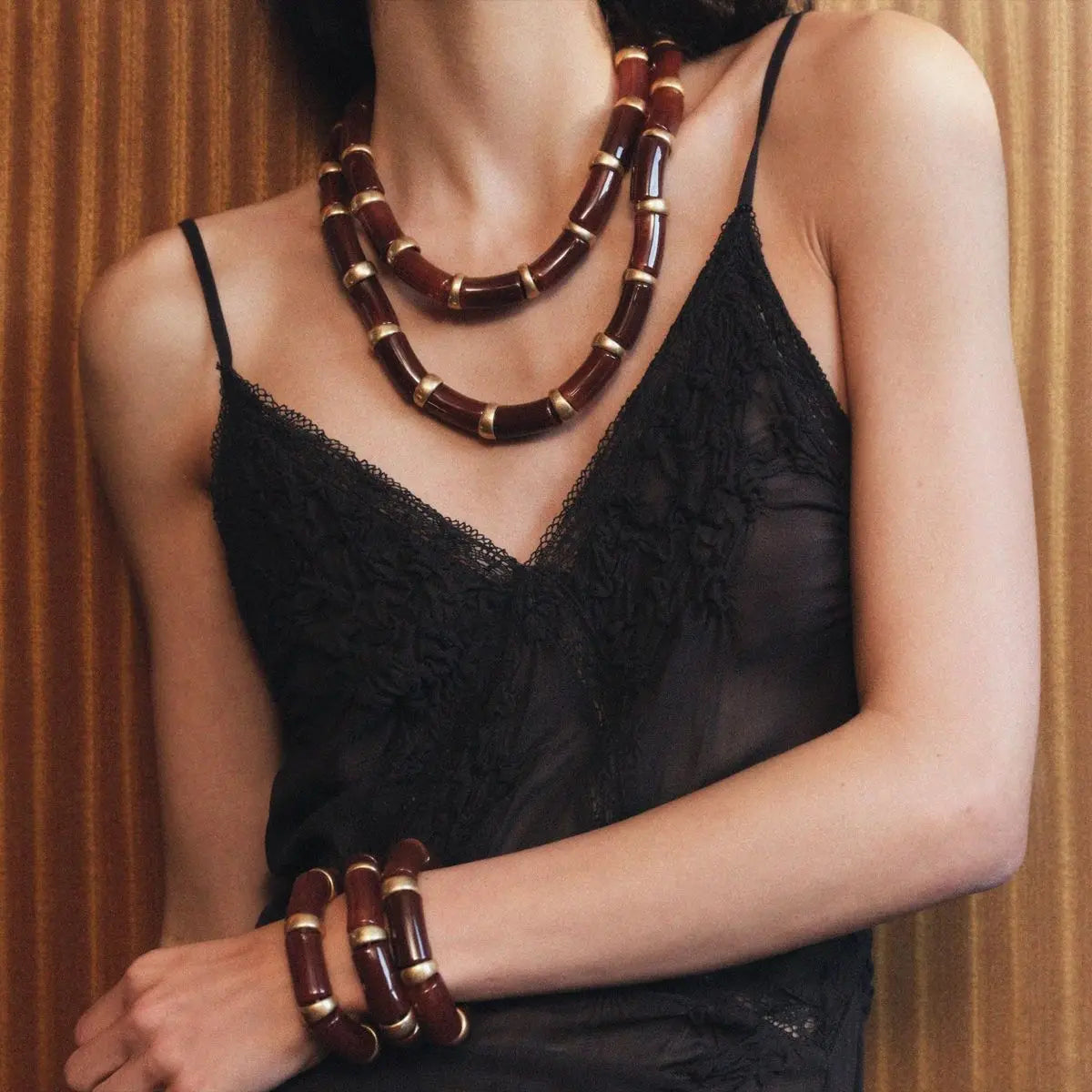 Irregular Acrylic Bamboo Double Layered Necklace Bracelet Set Women Fashion Statement Choker Necklace Set