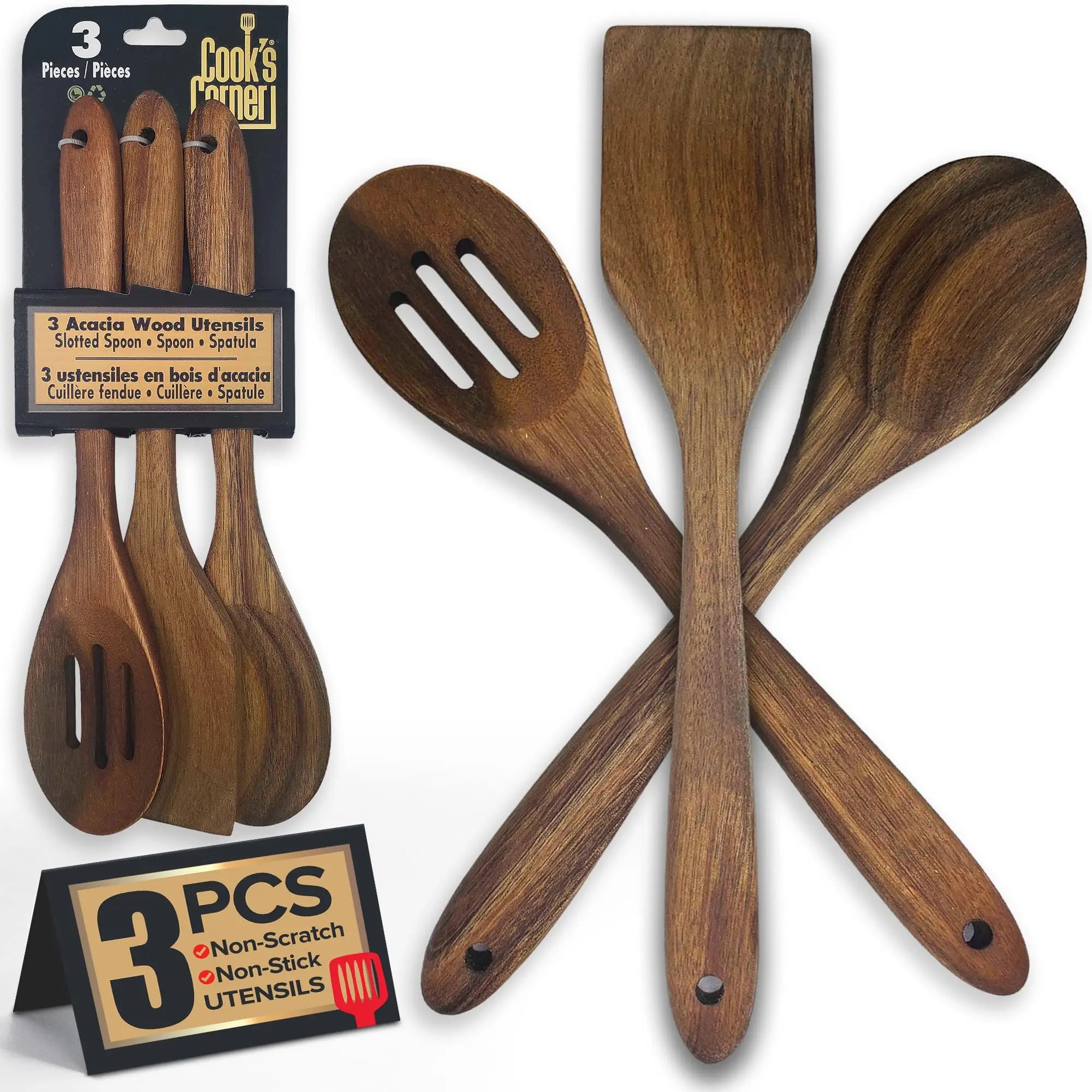 Rewood Wood 3 Pc Slotted Spoon Solid Spoon and Spatula in Sustainable Flexible Acacia Safe Kitchen Utensils Set