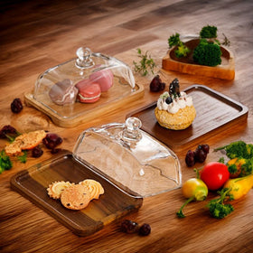 Bamboo Storage Transparent Cake Pan Dust Proof Display Bamboo Tray Kitchenware Set Storage Box with Acrylic Cover Kitchen Decor