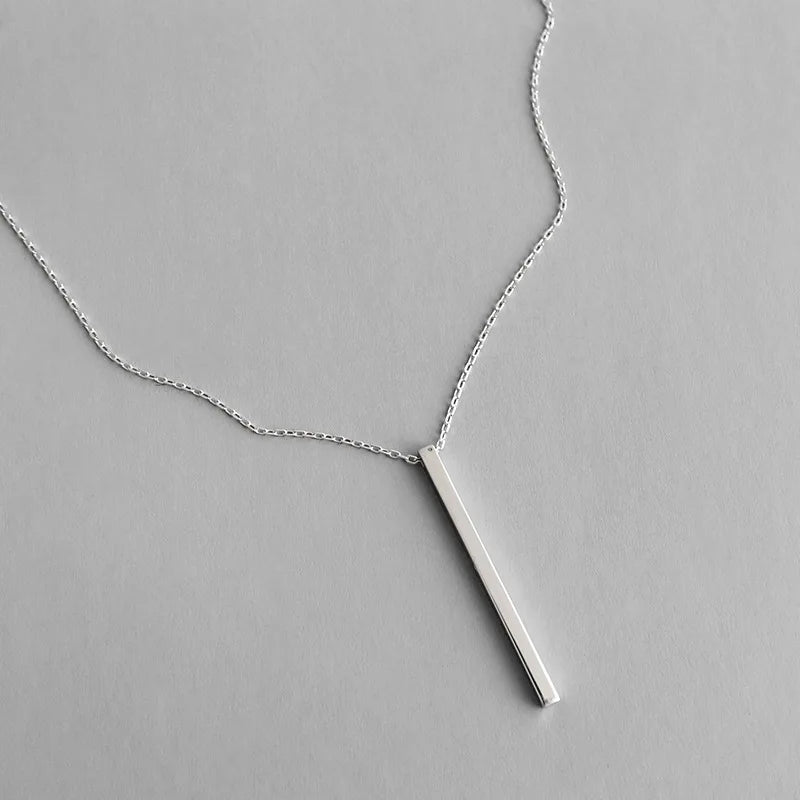 Solid 925 Sterling Silver Geometric Long Bar Pendant Necklace for Women Gifts Jewelry