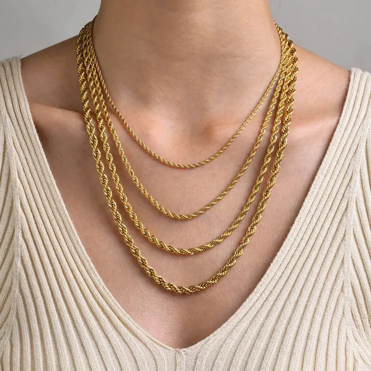 Minimalist 18K Gold Plated Stainless Steel Choker Necklace Men Hip Hop Stackable 2/3/4/5 mm Twisted Rope Chain Necklaces Women