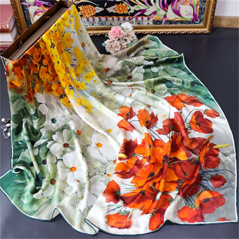 110*110cm Printing Elegant Style Floral Design Hand Rolled Ready Goods Discount Price Silk Satin Scarf for Women Holiday