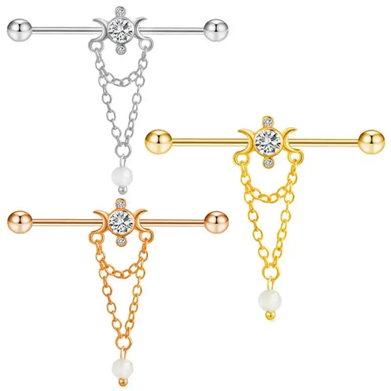 Moon Star Industrial Piercing Earring Bar Helix Cartilage Jewelry 14g Gauge Long Ear Stud Stainless Steel Body Pierc Zircon Dang
