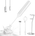 Handheld Milk Frother Stand Electric 2 Stainless Steel 304 Whisks 1500mAh USB Rechargeable 3 Speeds 6-Leaf Blades Mini Size