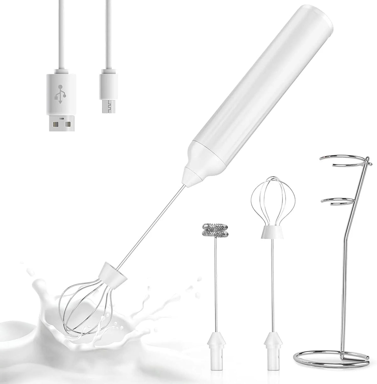 Handheld Milk Frother Stand Electric 2 Stainless Steel 304 Whisks 1500mAh USB Rechargeable 3 Speeds 6-Leaf Blades Mini Size