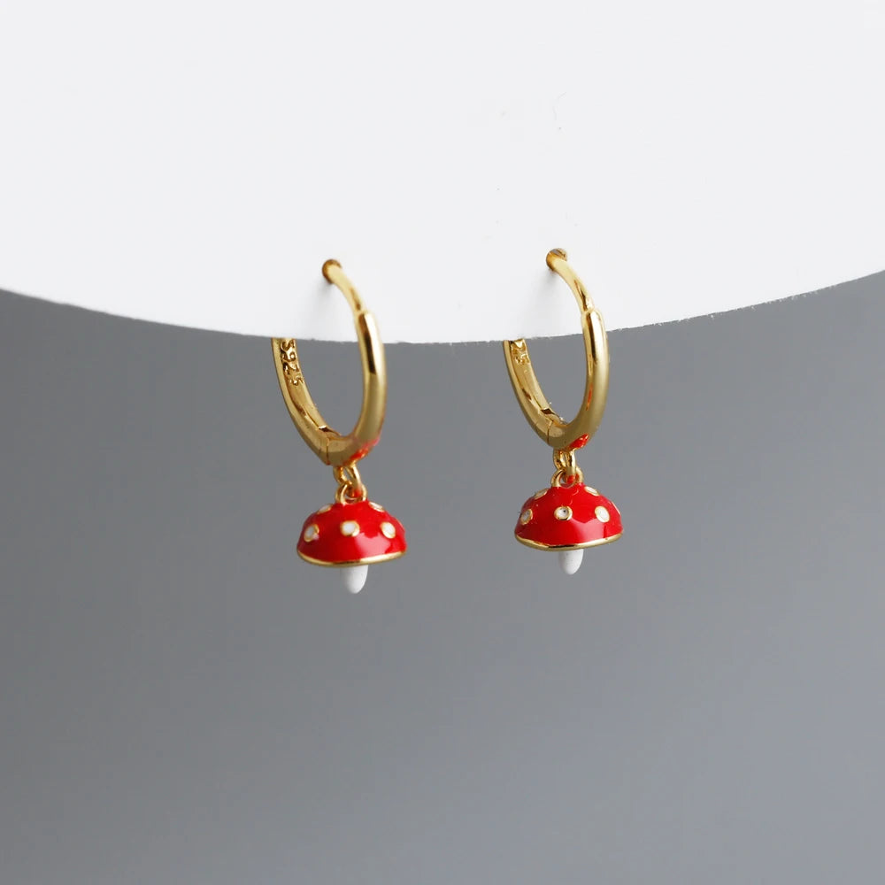 Fashion Jewelry 925 Sterling Silver Cute Mushroom Gold-plated huggies Hoop Earrings for Women Jewelry