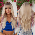 Synthetic Ombre Brown Mixed Pink Blond Long Wavy Wigs with Bangs Cosplay Party UseHeat Resistant Fiber for Women