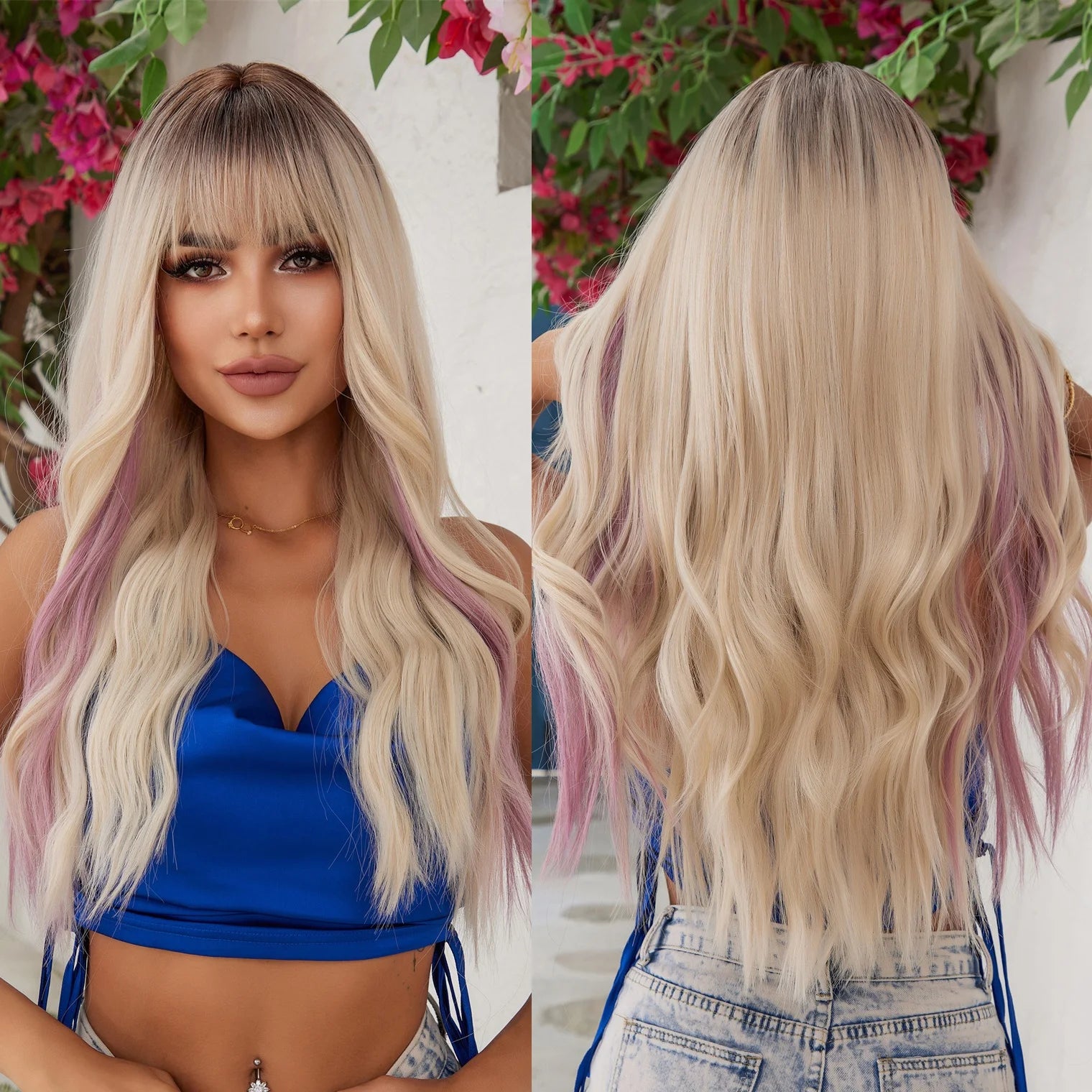 Synthetic Ombre Brown Mixed Pink Blond Long Wavy Wigs with Bangs Cosplay Party UseHeat Resistant Fiber for Women