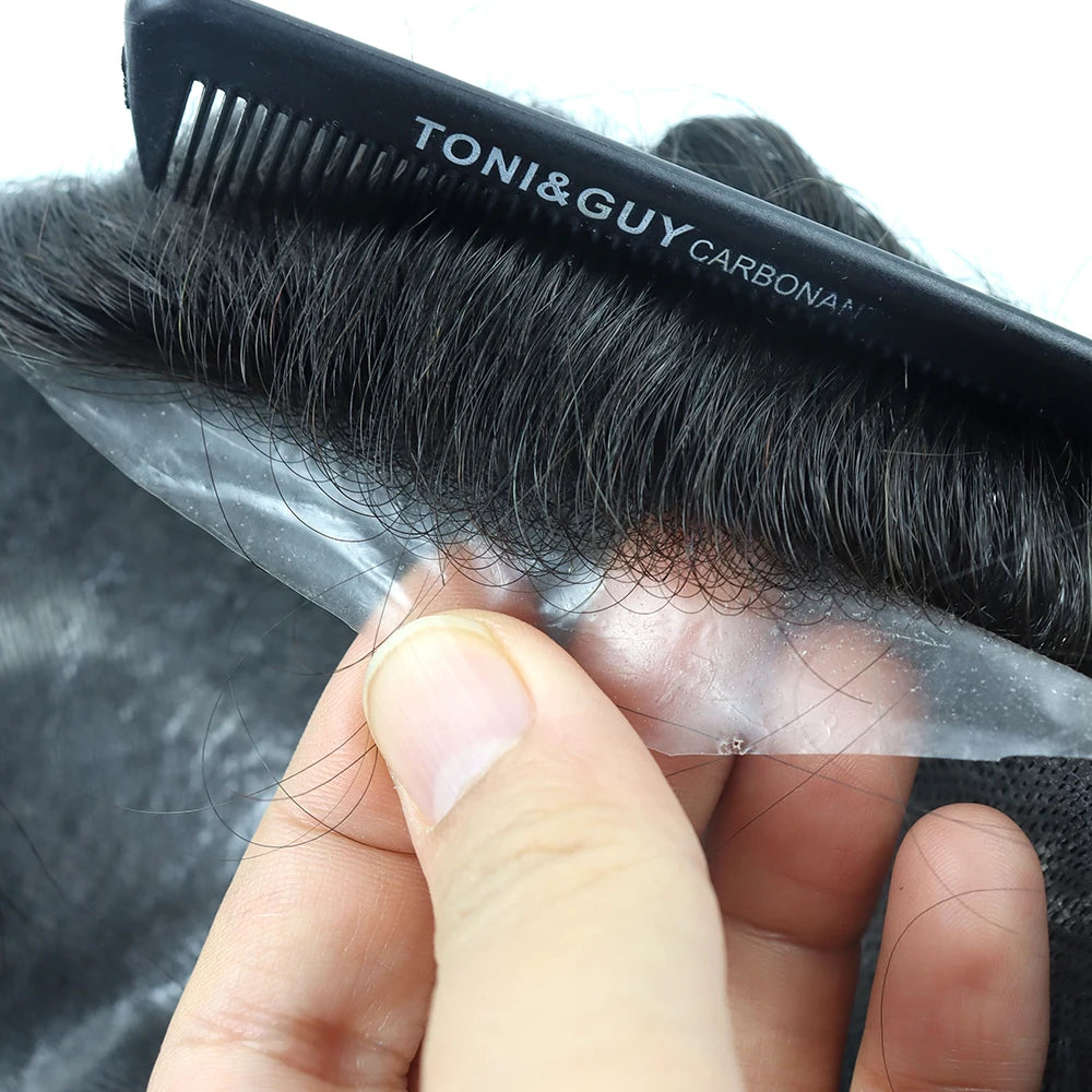 Men's Full PU Skin Base Straight Toupee Replacement System with Indian Remy Hair Real Human Hair 110% Density 38mm Texture