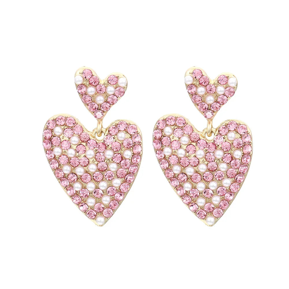 Statement Pink Pearl Love Heart Valentines Day Earrings Gold Plated Rhinestone Double Heart Diamond Stone Women's Gift