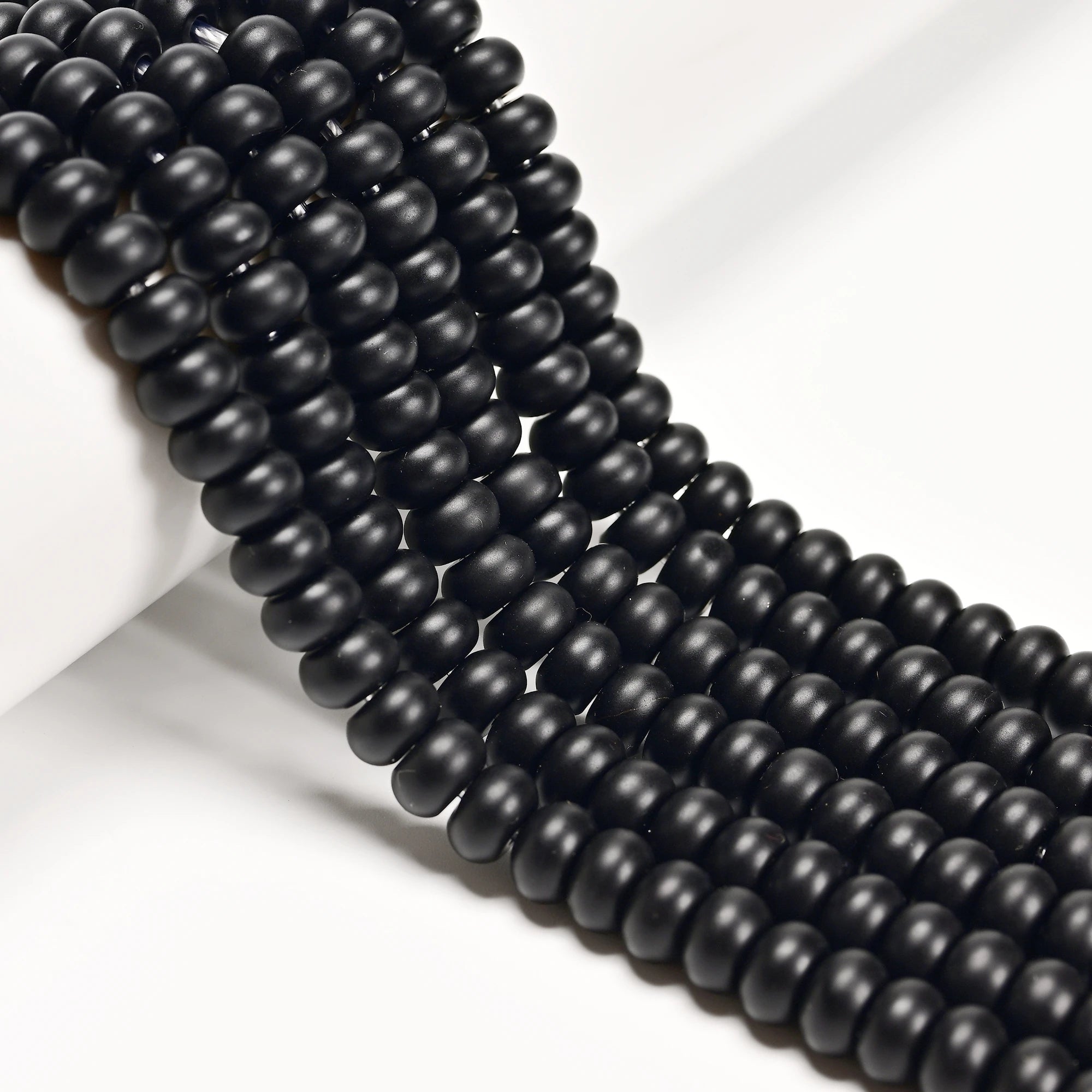Loose Bulk Natural 2.0mm Big Hole Matte Rondelle Black Onyx Gem Stone Beads for Jewelry Making 5x8mm 6x10mm 8 Inch Per Strand