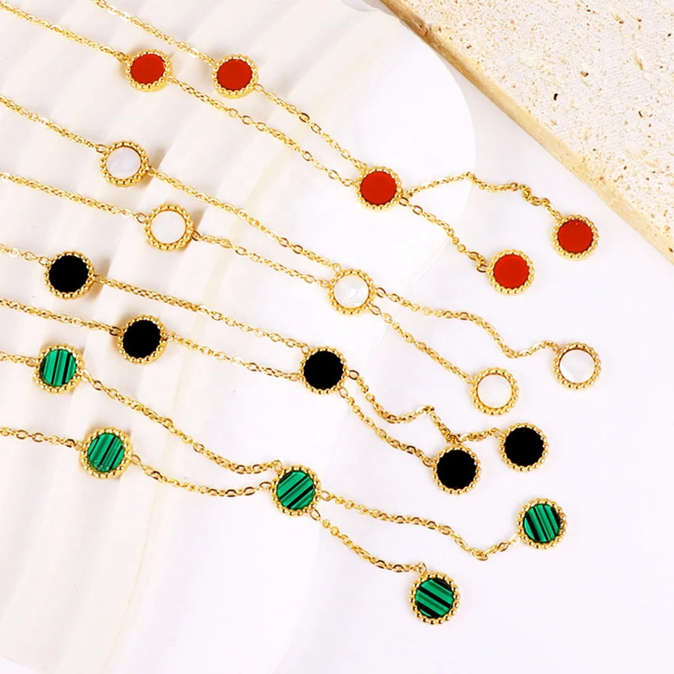 OEM Fashion Jewelry Necklace 18k Gold Plated Dainty Round Shell Acrylic Turquoise Stainless Steel Y Lariat Necklaces