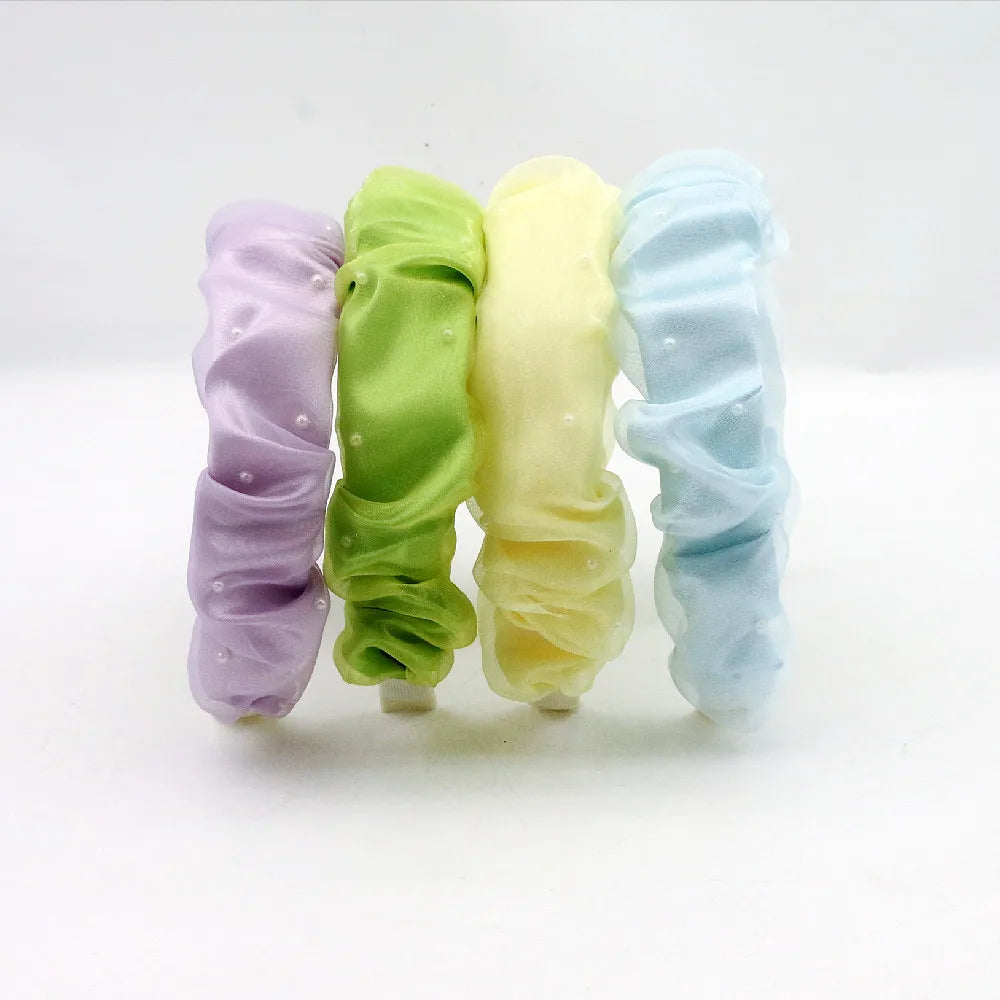 Rainbow Pastel Organza Custom Pearls and Crystals Hand Sewn Luxury Headband for Girls Hair Accessory
