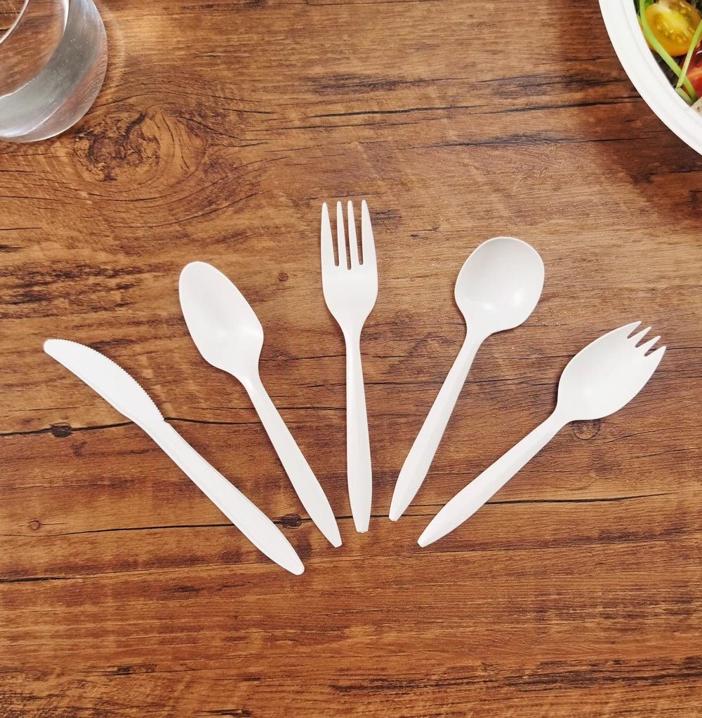 Modern Disposable Biodegradable Cornstarch Cutlery-Eco-Friendly Plant Starch Knife Fork Spoon Set Compostable for Parties