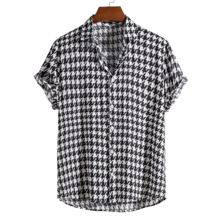Summer Houndstooth Plaid Shirts for Men Hawaiian Short Sleeve Mens Social Dress Shirts Casual Beach Button up Blouse Men