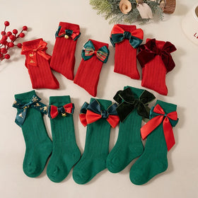 Wholesale Green Red Knee High Socks With Bow Girl Baby Kids Cotton New Year Christmas Socks for Children