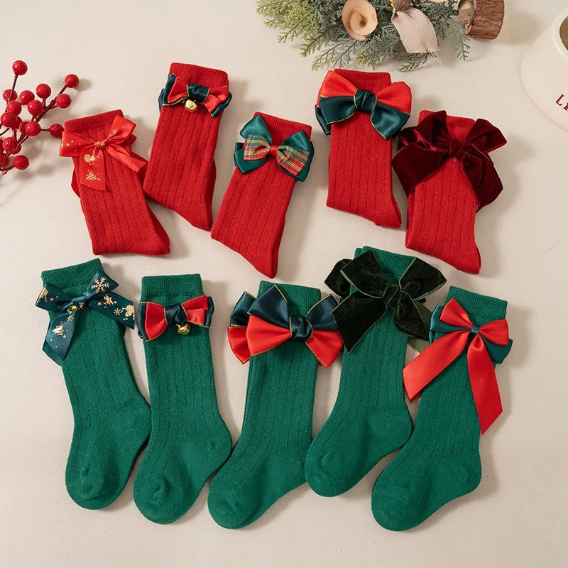 Wholesale Green Red Knee High Socks With Bow Girl Baby Kids Cotton New Year Christmas Socks for Children