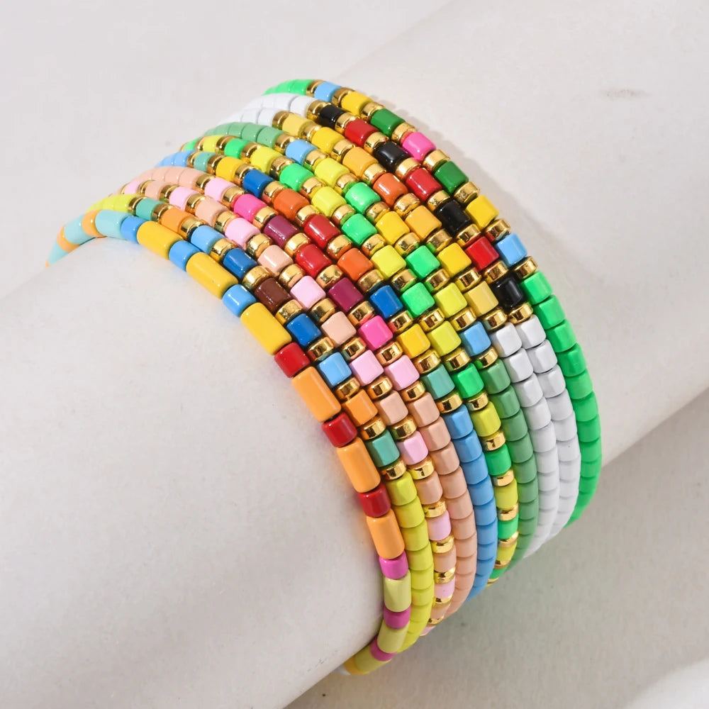 Colorful Bohe Beaded Metal Handmade Enamel Couples Bracelet Small Tube Bangles for Women Men Anniversary Jewelry Gift
