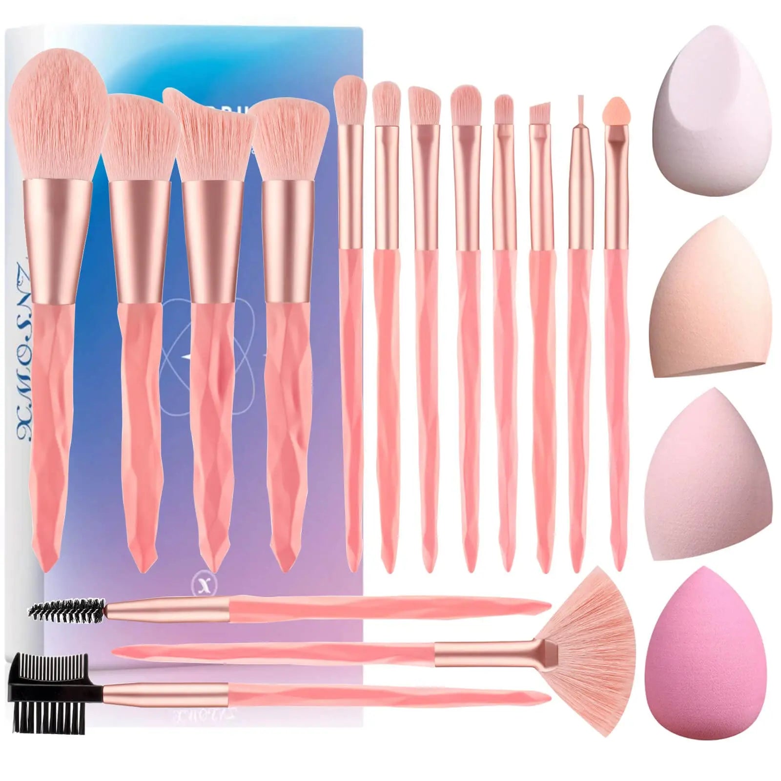 15 Pieces Pink Make up Brush Set Premium Synthetic Bristles Eyebrow Eyelash Blush Brush Crystal Makeup Brush Set with Sponge
