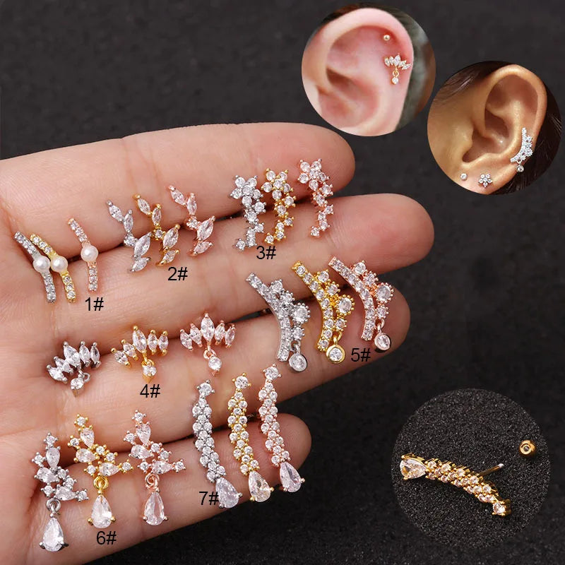 Stainless Steel Crystal Zircon Ear Studs Earrings for Women/Men 4 Prong Tragus Cartilage Piercing Jewelry