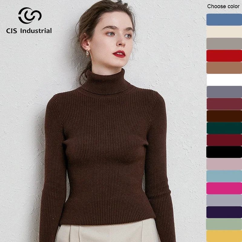 Women's Long Sleeved High Neck Turtleneck Sweater Autumn Winter Warm Ribbed Pullover Factory Wholesale Casual Style