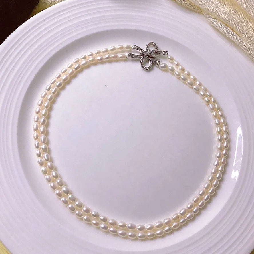 Haiyang Freshwater Rice Pearl Necklace Multi Layer White Pearl Choker Necklace Long for Women and Girls