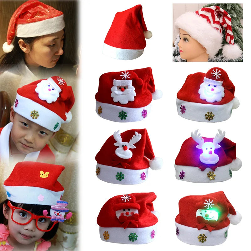 Kids Adult LED Lighting Christmas Hat Santa Claus Reindeer Snowman Deer Xmas Gifts Cap New Fashion Christmas Hats