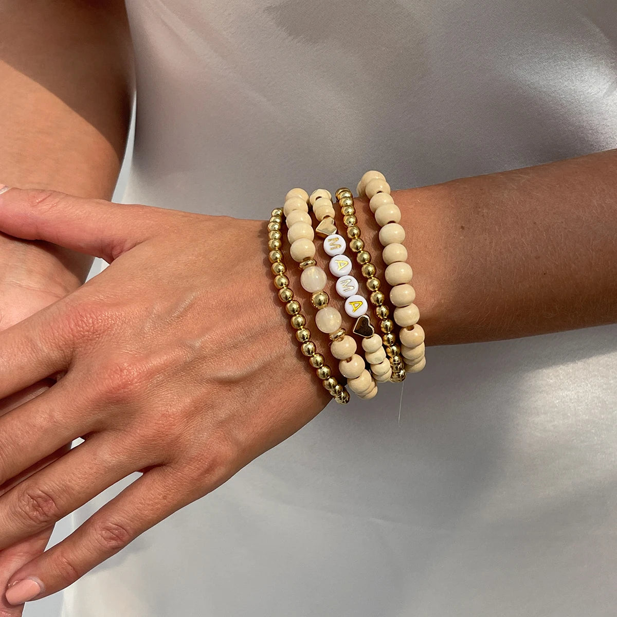 Bohemian Stackable Bracelet Set with Customizable A-M Letter Cream Wood & Gold Metal Beads for Women Fashion Jewelry Accessories