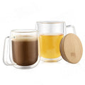 Clear Borosilicate Glass Coffee Mug Insulated Double Walled Glass Espresso Coffee Cup with Handle Glass Mug With Bamboo Lid
