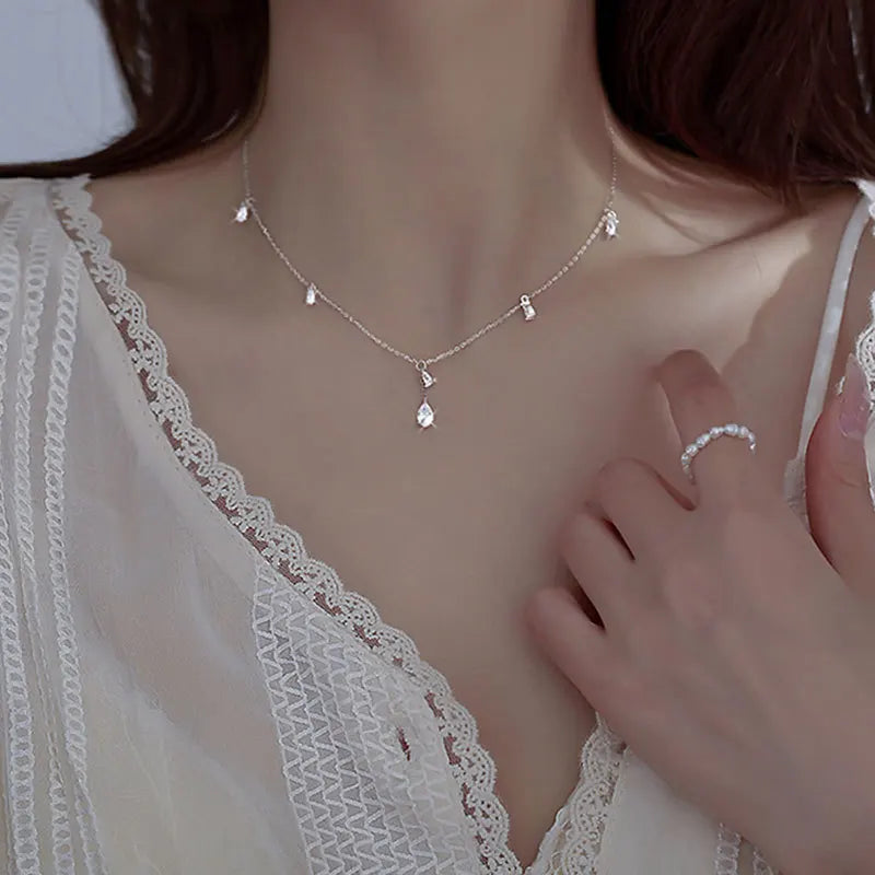 Fashion Jewelry 925 Silver Necklace Women Minimalist 925 Sterling Silver Cross Chain Waterdrop Zircon Pendant Necklace Jewelry