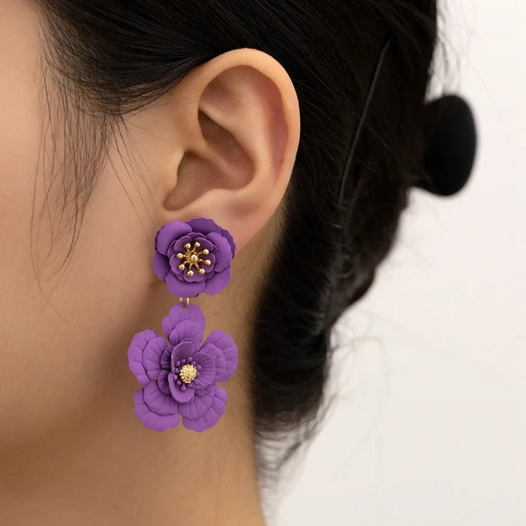 AYN-05 Vintage Baking Varnish Sweet Artificial Fashion Trendy Women Ear Jewelry Modern Double Flowers Stud Earrings for Girls