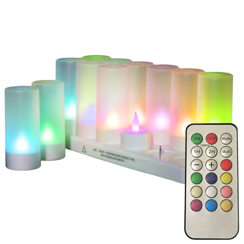 Flameless Candles 12 Rechargeable LED Flickering Tea Light with Frosted Cups Charging Base for Wedding Party Decoration