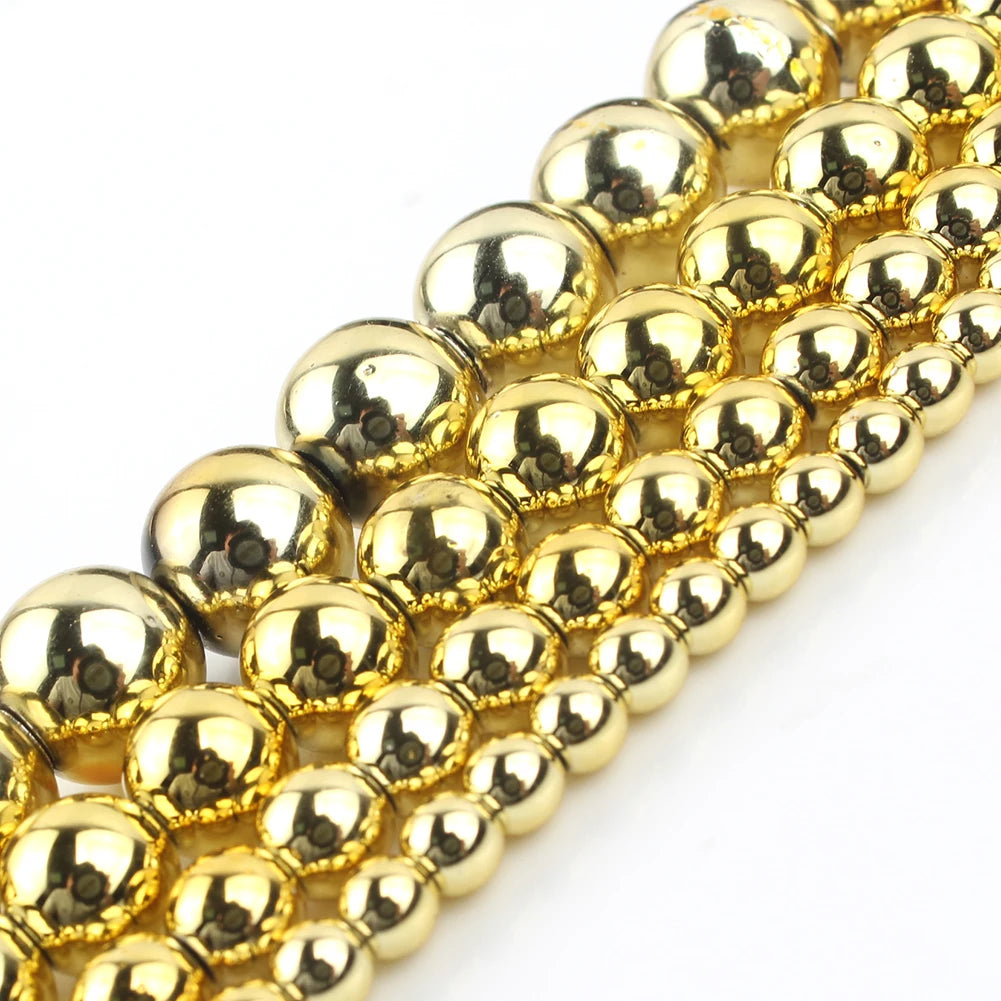 Wholesale 3/4/6/8/10MM Round Smooth Gold Color Hematite Stone Beads for Jewelry Making DIY