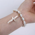 Zhuji Classic 8-9mm Baroque Pearl Elastic Bracelet for Women Simple Design Cross-shaped Bangles Jewelry