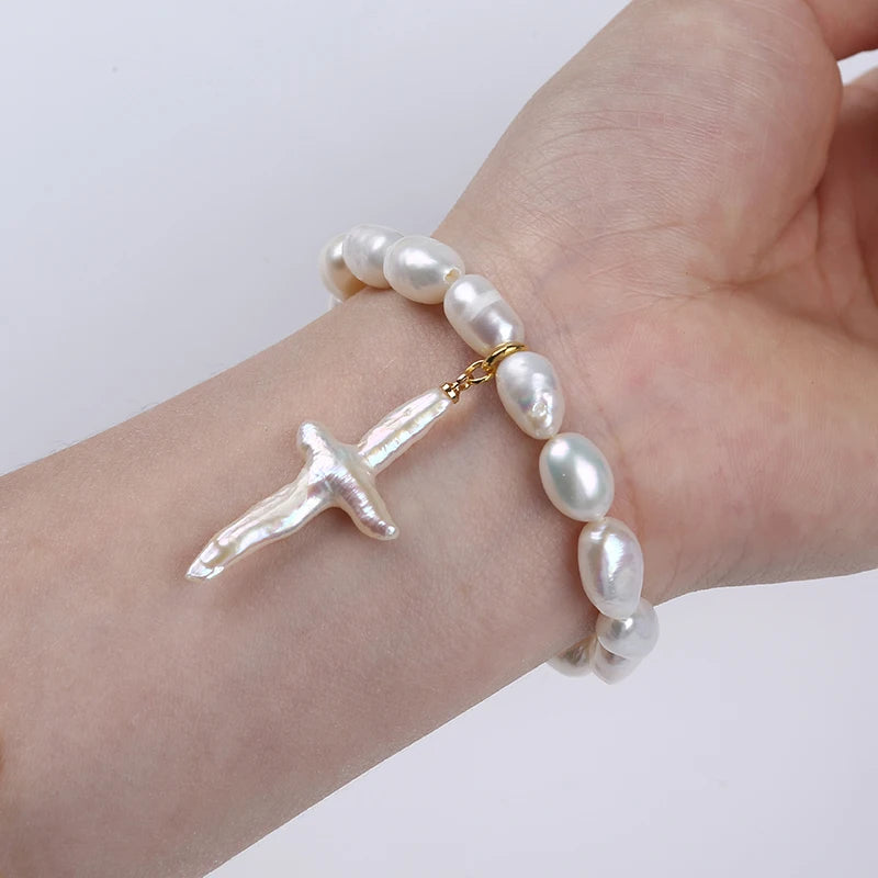 Zhuji Classic 8-9mm Baroque Pearl Elastic Bracelet for Women Simple Design Cross-shaped Bangles Jewelry