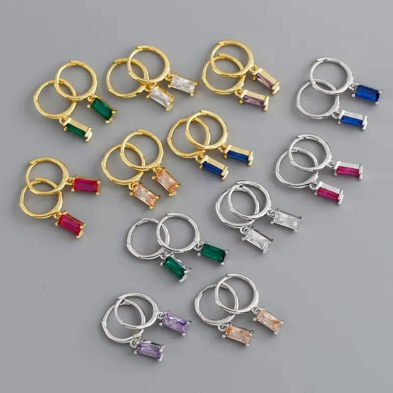 FUAMAY S925 Sterling Silver Baguette Earrings Colorful Green Emerald Huggie Hoops CZ Korean Style Pendant 925 Silver Coreanos