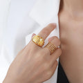 French Design Stainless Steel 18K Gold Plated Full Diamond Light Luxury Titanium Steel Chunky Enamel Finger Rings for Women