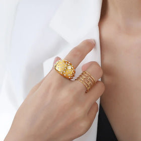 French Design Stainless Steel 18K Gold Plated Full Diamond Light Luxury Titanium Steel Chunky Enamel Finger Rings for Women