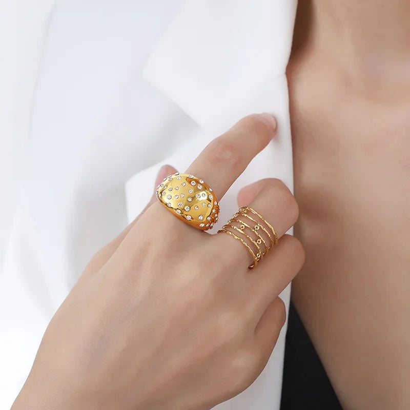 French Design Stainless Steel 18K Gold Plated Full Diamond Light Luxury Titanium Steel Chunky Enamel Finger Rings for Women