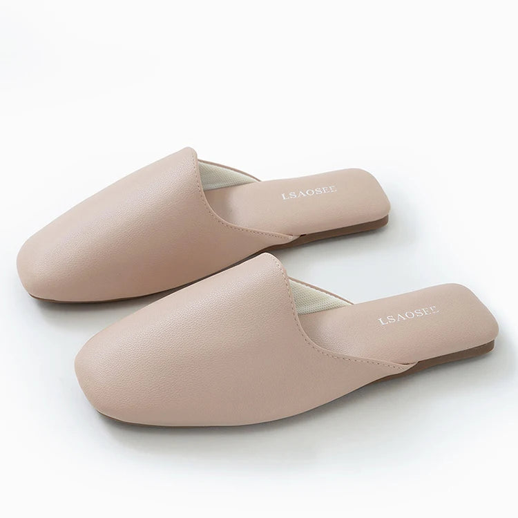 Women's Spring Autumn Casual Faux Leather Square Toe Flat Mule Memory Foam Home Slippers